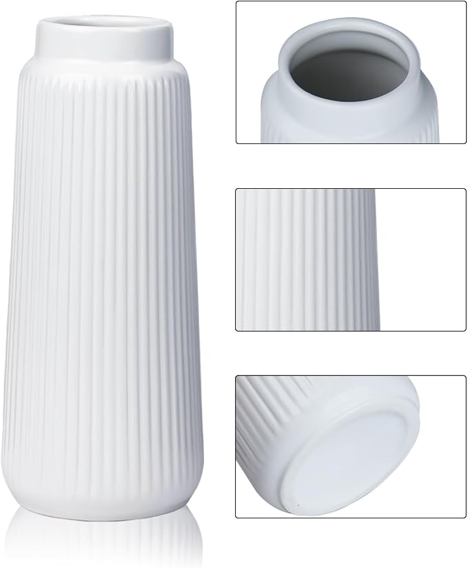 White Ceramic Vase, 8 Inch Conical Flower Vase with Narrow Mouth for Pampas Grass, Modern Tapered Decorative Vase for Home Decor, Living Room Table, Shelf