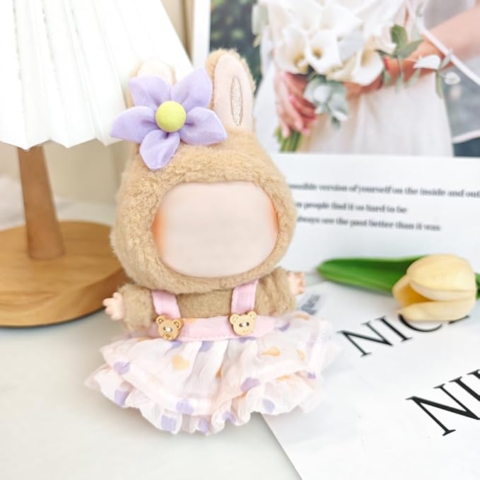 One Set Kawaii Doll Clothes for 17cm Plush Dolls - Pink Floral Collection Dress + Hat + Bag + Hair Clip Fits 6.7 Inch Mini Dolls (No Doll No Glasses)