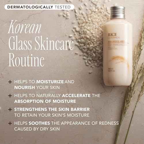 The Face Shop Rice Ceramide Moisturizing Emulsion, Hydrating with Rice Water, Targets Dryness, Strengthens Skin Barrier, Lightweight, Korean Skin Care, 5.0 fl. oz. (Pack of 2)