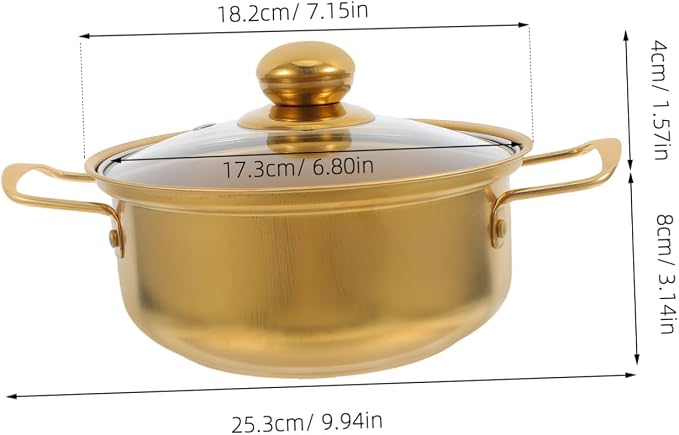 1 PCS Korean Ramen Pot, Stainless Steel Induction Cooking Pot with Glass Lid, Golden Soup Noodle Pan with Dual Handles, Metal Small Saucepan for Boiling Ramyun, Broth for Home Kitchen