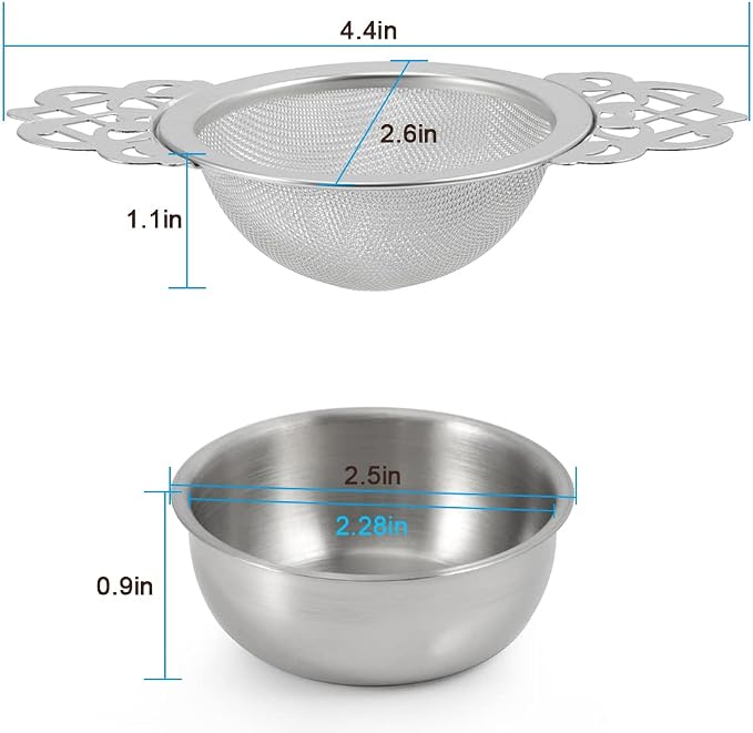 Picowe 2 Pack Tea Strainer Bowl, Stainless Steel Sliver Tea Strainers for Loose Tea Fine Mesh for 2.5-4 Inch Cup Mouth