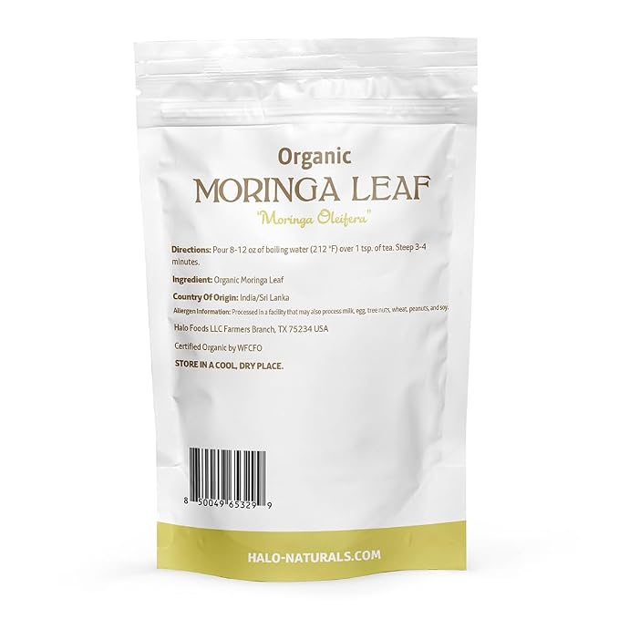 Halo Naturals Organic Moringa Leaf Cut & Sifted, 4 Ounces (Moringa oleifera) USDA Certified | Resealable Pouch| Packaged in The USA