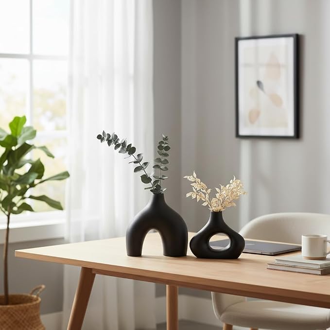 Carrot's Den Black Ceramic Modern Vase Set of 2, Donut Shelf Decor, Black | Pair for bookshelf and bookcase decor, mantel styling, or home staging. Holds dried stems and faux plants indoor.