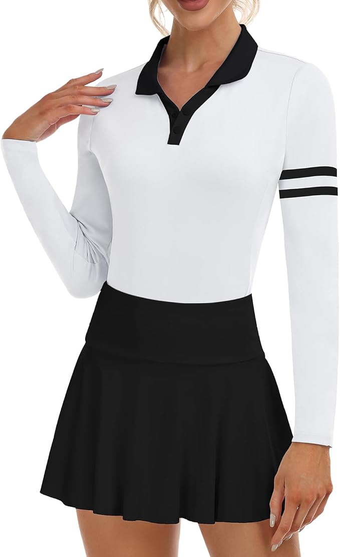 Soneven Womens Golf Shirts Moisture Wicking V Neck Long Sleeve Polo Shirts Collared Tops