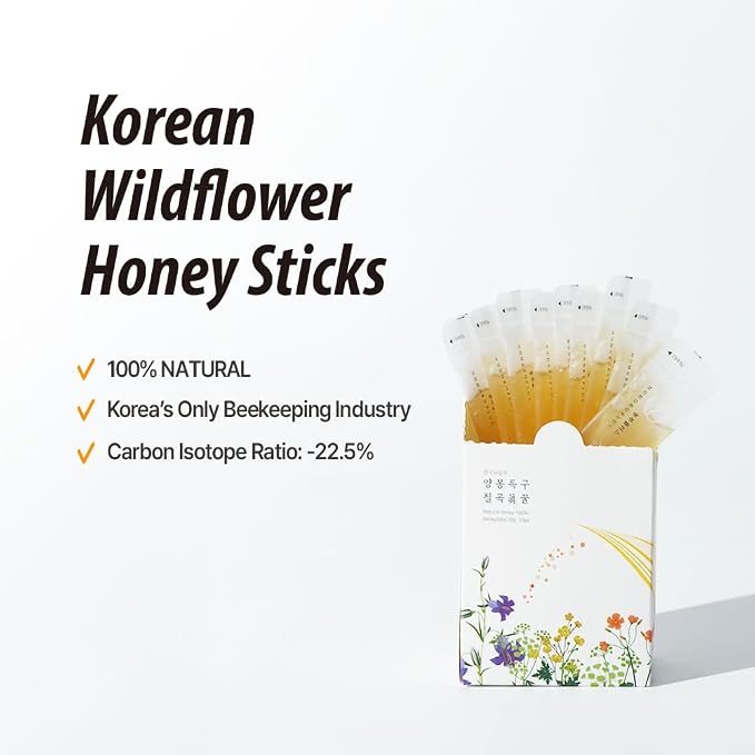 Korean Food Nongbu Wildflower Honey Sticks, Single-serve 10g x 10 Pk | Korean wildflower honey in convenient single-serve sticks with rich floral sweetness for tea, snacks, and travel.