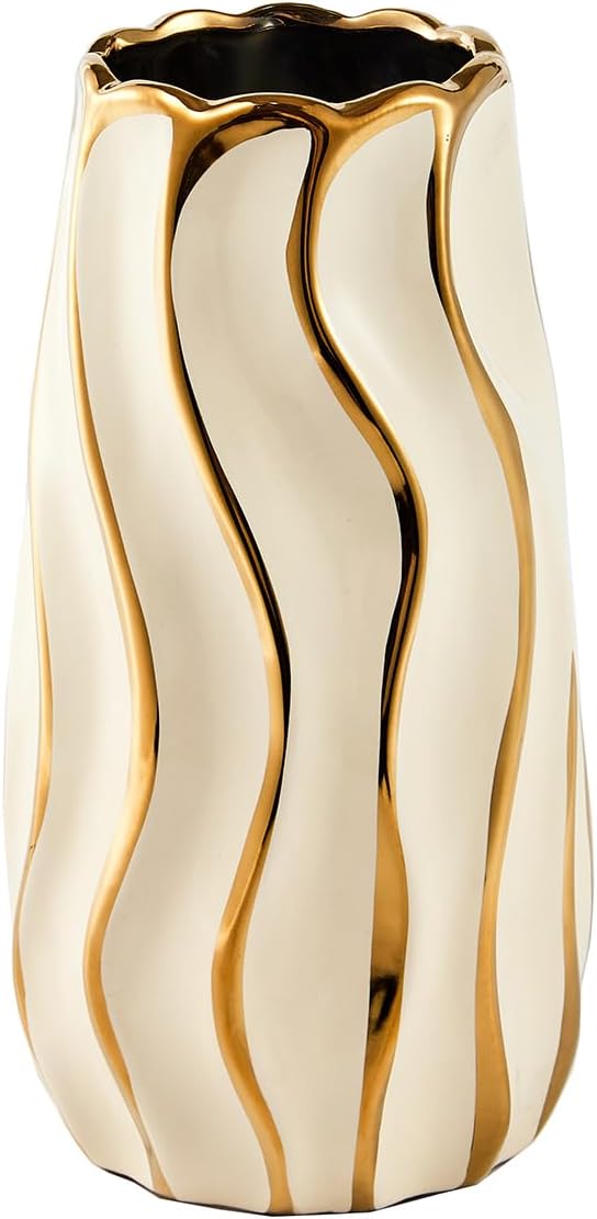 Ceramic Vase for Home Decor,Decorative Flower Vase, Vertical Stripe Ceramic Vases for Home Décor, Bedroom, Office, Living Room, Bathroom, Tabletop Decor, Centerpiece Table Decorations (Cream)