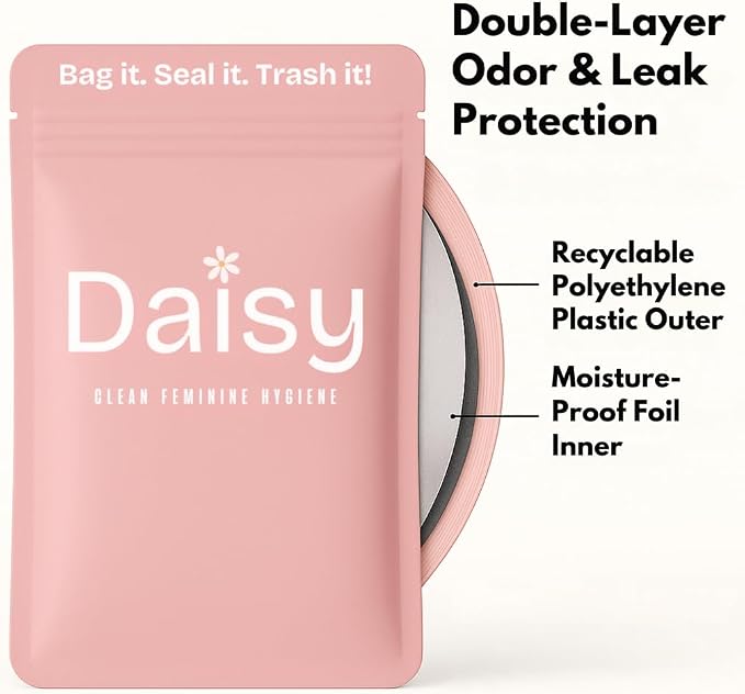 Odor-Proof Sanitary Trash Bags for Tampons, Pads, Discs, Panty Liners & Feminine Wipes | The Daisy Pouch +Plus Discreet Disposal Bags for Home, Work, School & Travel