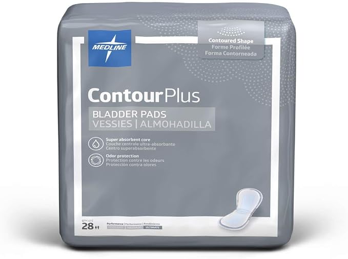 Medline ContourPlus Bladder Control Pads, Ultimate Absorbency, 8 x 17 Inches, Bag of 28