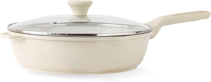 SENSARTE Nonstick Saute Pan with Lid 12-inch/5QT, Non Toxic Ceramic Deep Frying Pan, Dishwasher Safe Skillet with Stay-cool Handle, Healthy Cooking Pot, Induction Compatible, Cream White