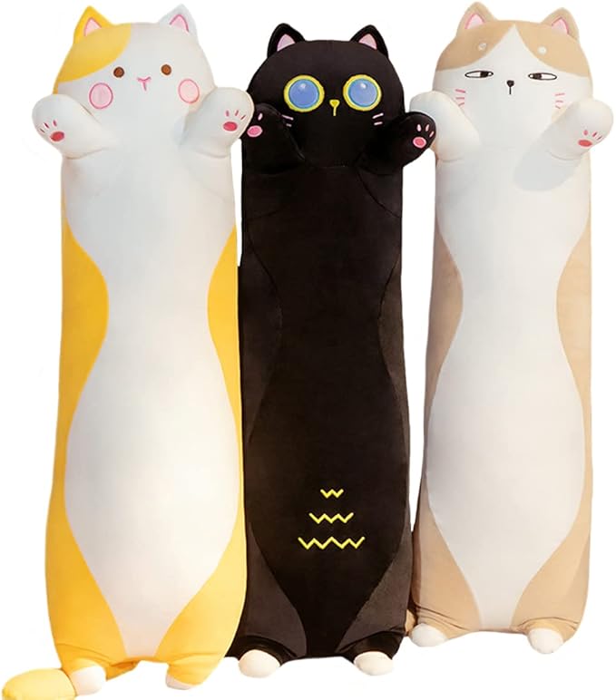 ELAINREN 90cm Lenght Cat Stuffed Throw Pillow Cuddly Black Kitten Plush Big Toy Ultra-Soft Kitty Plushie Cushion Decor Gifts