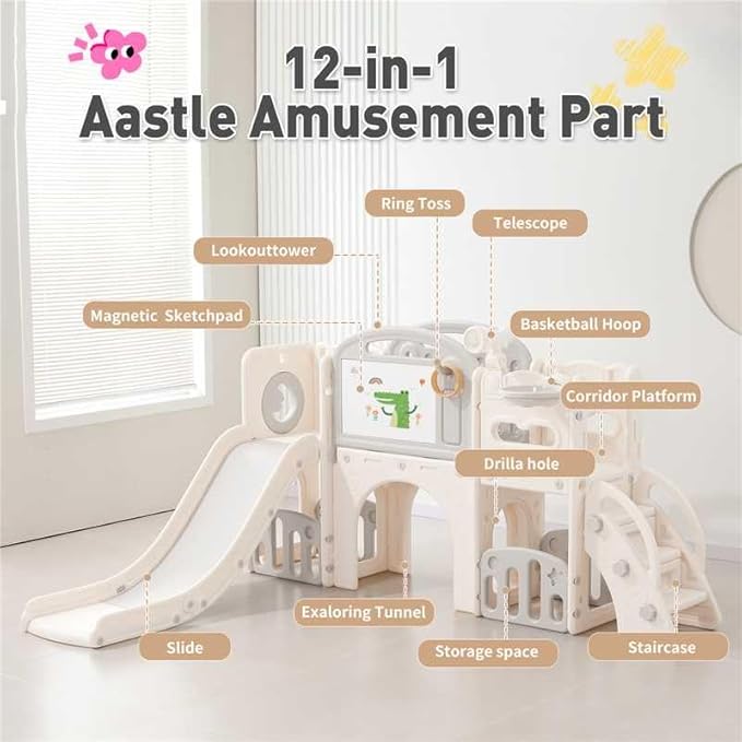 Outdoor Toddler Playset with Slide Set, Indoor Playground for Toddlers 1-3, Climber Play Set with Telescope Basketball Hoop, Tunnel Playhouse and Jungle Gym