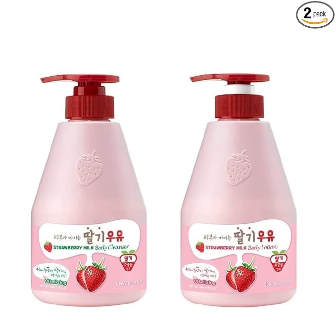 Kwailnara Strawberry Milk Body Wash & Lotion Set (19.75 Oz Each) – 2-Piece Korean Skincare Duo for Hydrated & Smooth Skin | Milk Protein, Royal Jelly & Exfoliating Strawberry Extract | Paraben-Free