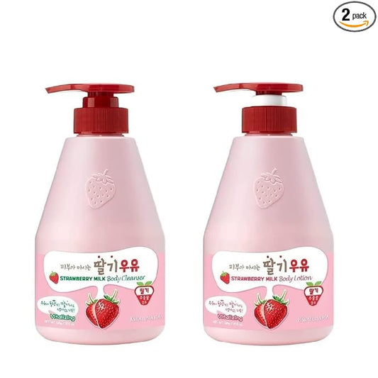 Kwailnara Strawberry Milk Body Wash & Lotion Set (19.75 Oz Each) – 2-Piece Korean Skincare Duo for Hydrated & Smooth Skin | Milk Protein, Royal Jelly & Exfoliating Strawberry Extract | Paraben-Free