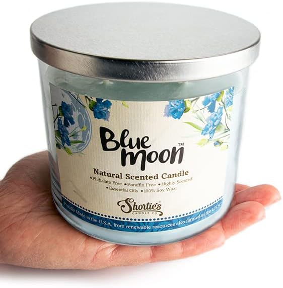Blue Moon Scented Natural 3 Wick Candle, Essential Fragrance Oils, 100% Soy, Phthalate & Paraben Free, Clean Burning, 14.5 Oz.