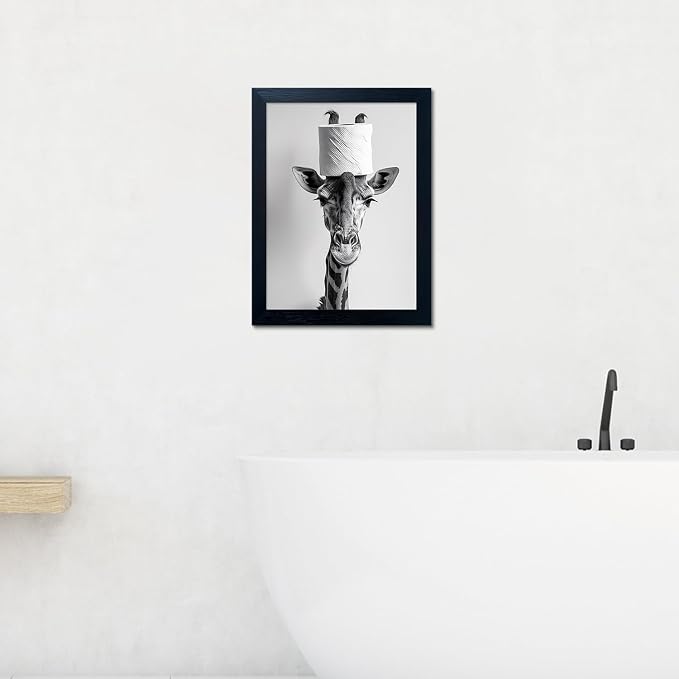 Funny Animal Bathroom Wall Art Giraffe with a Toilet Paper Roll on Head Painting Black and White Bathroom Pictures Wall Decor Framed Humor Canvas Print Artwork