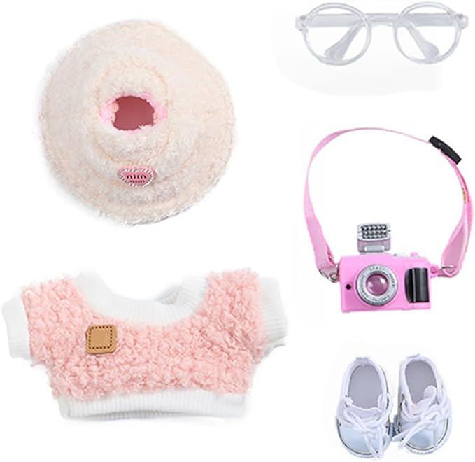 5 Set 17cm Doll Clothes -Clothes for Dolls Outfit - Accessories for 17cm Dolls Clothes +Light Pink Heart-Shaped Velvet hat + Small Camera + Glasses + Canvas Shoes, No Doll Included (Style B)