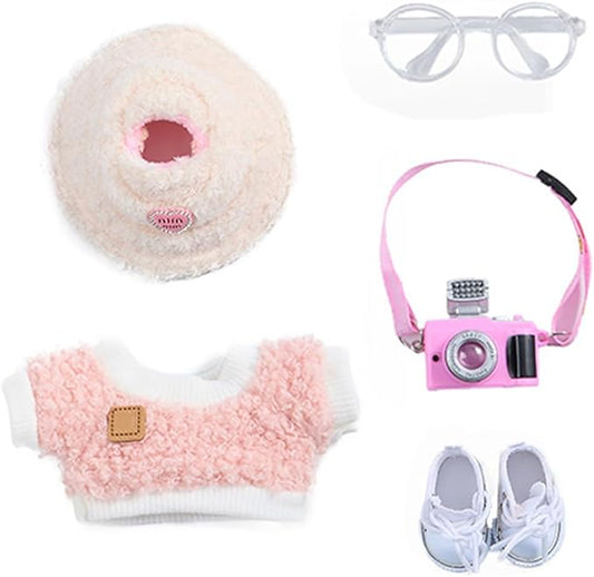 5 Set 17cm Doll Clothes -Clothes for Dolls Outfit - Accessories for 17cm Dolls Clothes +Light Pink Heart-Shaped Velvet hat + Small Camera + Glasses + Canvas Shoes, No Doll Included (Style B)