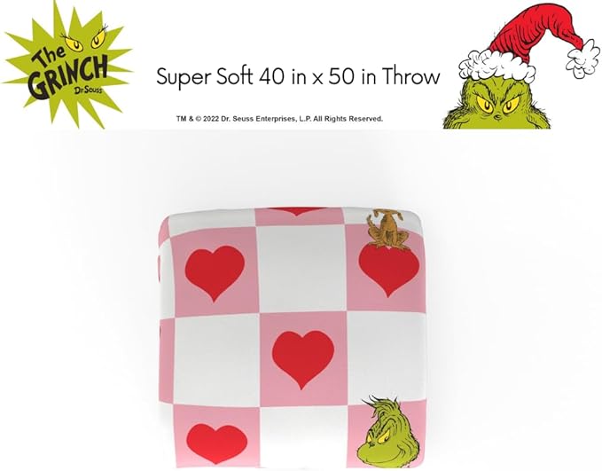 Grinch Checkered Heart Bedding Super Soft Silk Touch Throw, 40 in x 50 in, (Officially Licensed Product) by Franco Collectibles