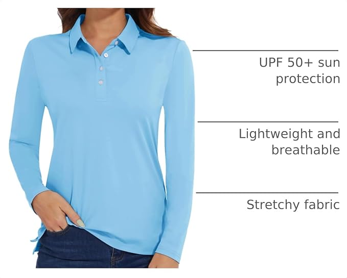 MAGCOMSEN Long Sleeve Polo Shirts for Women Golf Tops with Collar Work | UPF 50+ Sun Protection, 4 Buttons, Moisture Wicking, Breathable, 4-Way Stretch, Collared, Quick Dry, Active, Casual, Tennis
