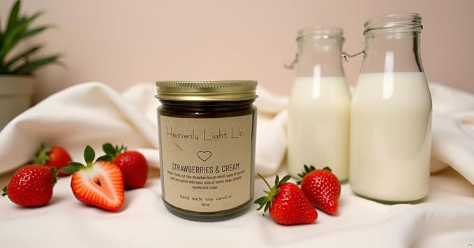 Heavenly Light LLC Strawberries and Cream 100% Non-Toxic 9 oz Scented Soy Wax Candles