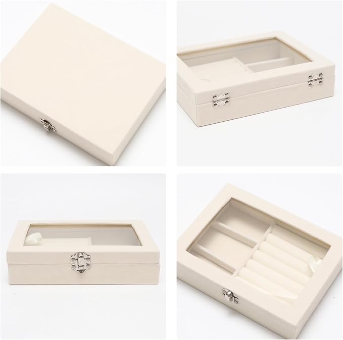 Small Velvet Jewelry Tray with Clear Lid, 2-in-1 Beige | Lockable Ring Earring Holder Organizer Storage Box Case Jewelry Box Organizer for Rings Earrings Bracelets Brooches