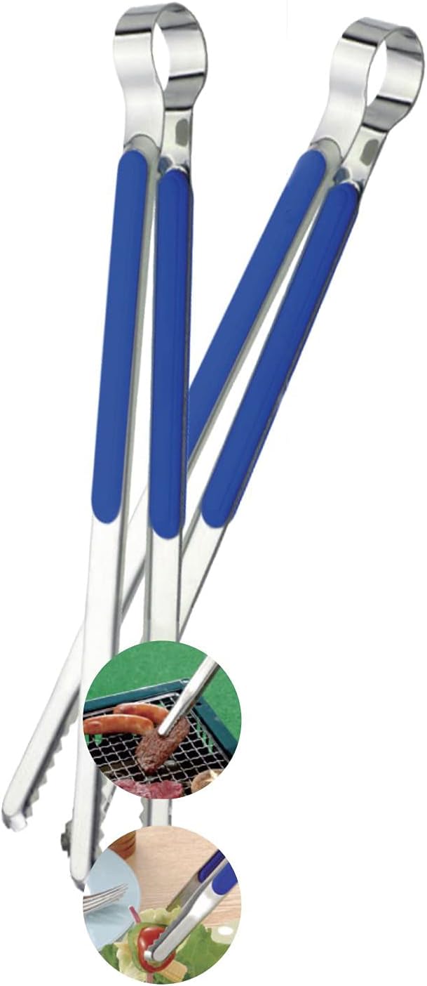 (Florian) Multi Proposal 10.04 Inch Tongs High strength stainless steel, Bounds Spring, Smooth Edge For food, BBQ, Bulgogi, Cooking, Outdoor, Korean Kitchen Gadget Tools, Utensils (Blue Large 2 Pcs)