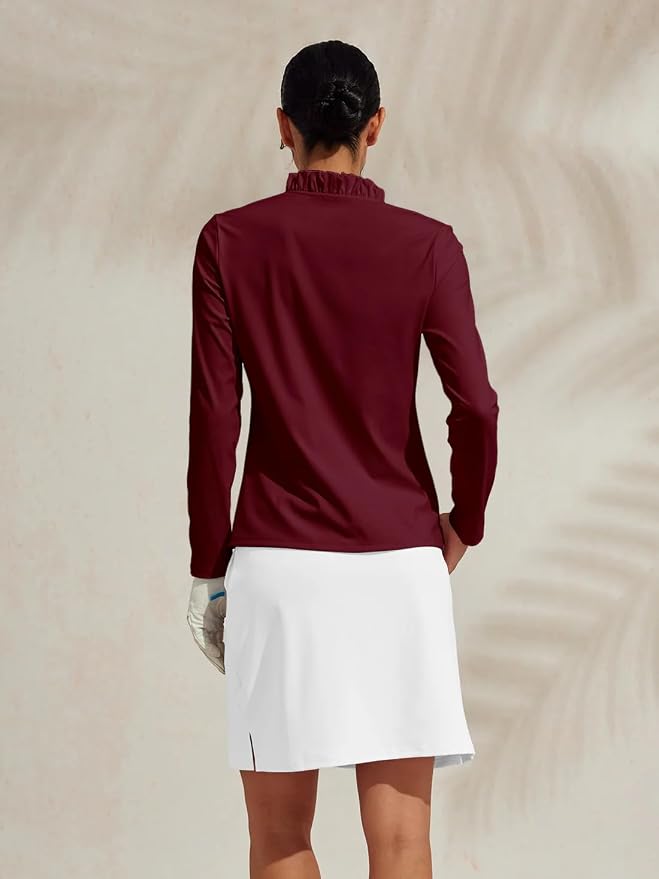ACEGOLFS Womens Golf Polo Shirts Casual Ruffle V Neck Long Sleeve Tops for Women UPF 50+ Rash Guard Ladies Pullover Shirt