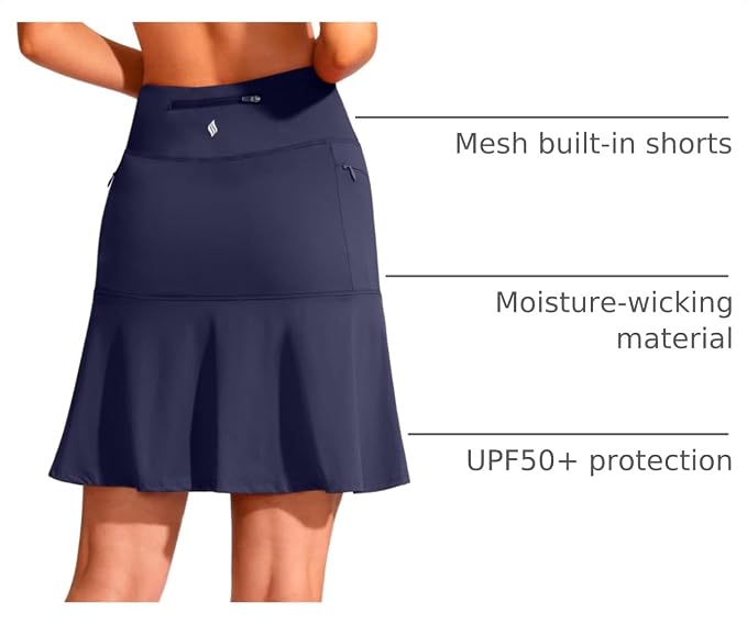 19" Ruffled Golf Skirts for Women | 3 Zipper Pockets, Knee Length, High Waisted, Long Skorts for Athletic, Casual, Tennis, Pickleball