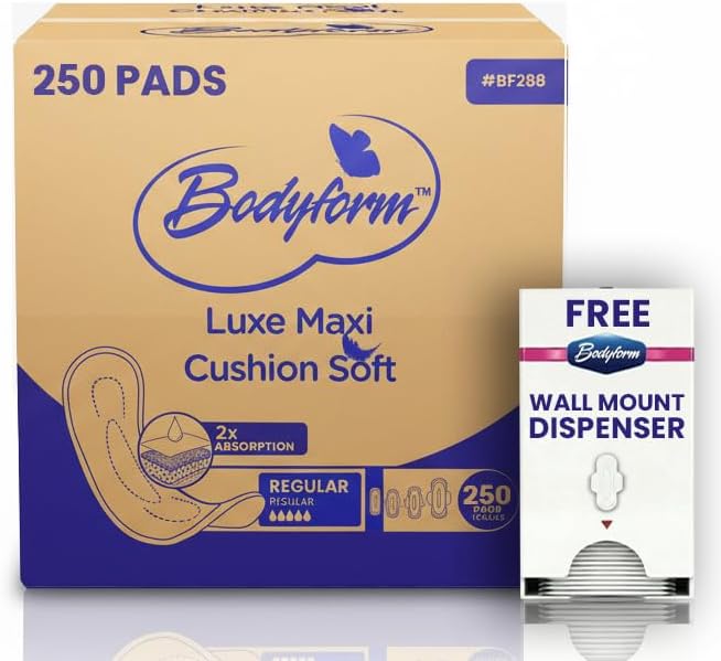 Regular Maxi Pads Individually Wrapped Feminine Sanitary Napkins with Adhesive Strip, Super Absorbent Soft Cotton Cover, Ideal for Donation to Shelters, Hospitals & Camps #BF288 (250 Pads + Dispenser)