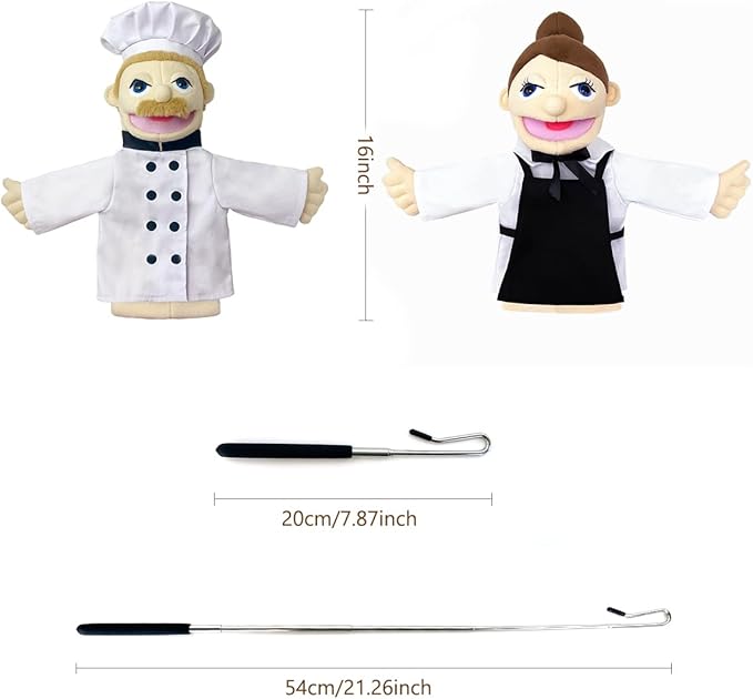 Professional Hand Puppets,2pcs Chef Puppet and Waitress Hand Puppet for Kids Role Play,Teaching Puppet Stuffed Toys Character Puppet with Movable Mouth（03-Chef &Waitress