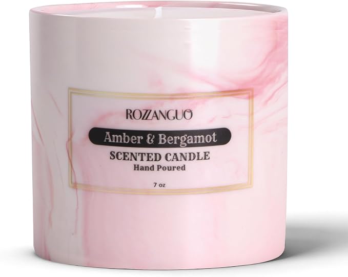 Luxury Marble Jar Scented Candle | Women Men | Non Toxic 100% Natural Coconut & Soy Wax Blend Cotton Wick | Hand Poured Highly Scented Long Lasting (Amber & Bergamot, 7 Ounces)