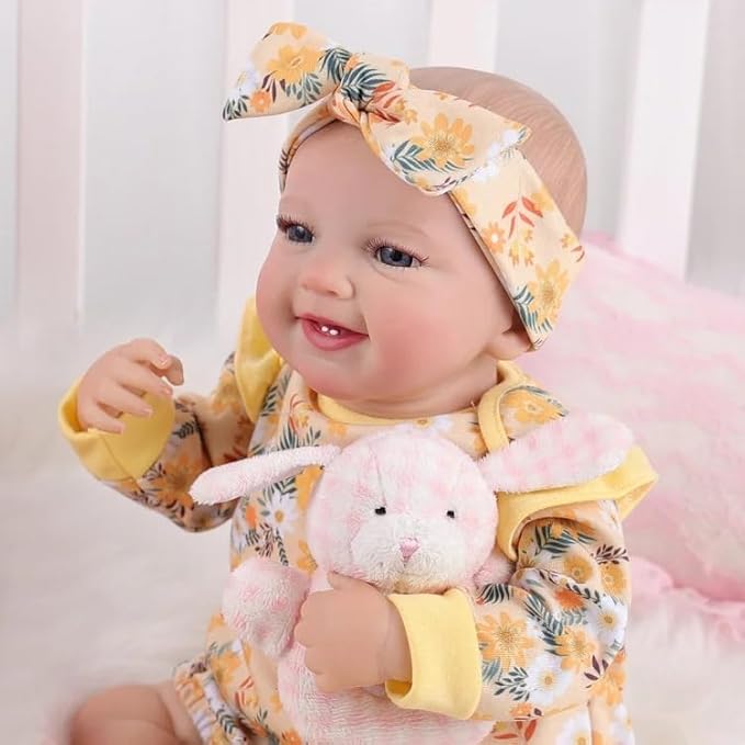 BABESIDE 3 Pcs Reborn Baby Doll Clothes for 17-22 Inch Babydolls, Floral Pattern Doll Clothes Onesies with Shoes and Headband for Lifelike Reborn Baby Dolls Accessories, Yellow