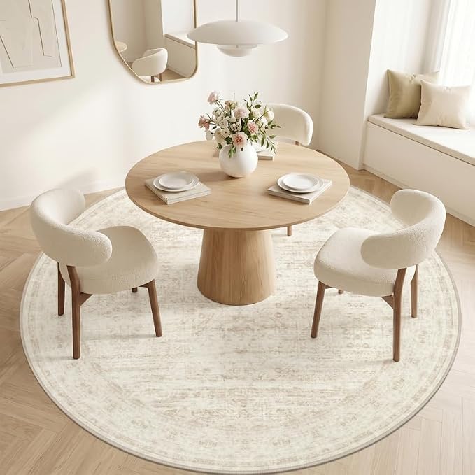 Round Area Rug for Living Room: 6ft Vintage Boho Neutral Washable Circle Rug Soft Large Circular Carpet for Bedroom Nursery Farmhouse Dining Room Office Floor Non-Slip Low Pile Under Table Retro Beige