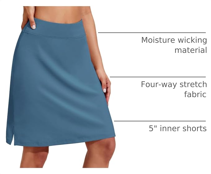 COOrun Women's 20" Knee Length Skirts High Waisted Golf Skorts with Pockets | Soft, Quick Dry, Split Hem, Built-in Shorts, A-line, Modest Skirts, for Golf Athletic Tennis Work Casual