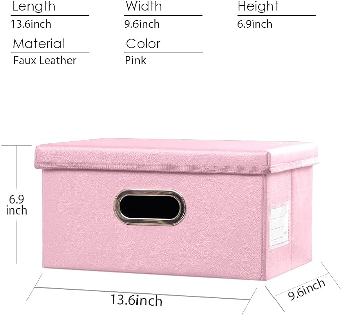 Collapsible Storage Box with Lid [1-Pack] Leather Fabric Foldable Storage Bin Organizer Container Basket Cube with Cover for Home Bedroom Closet Office Nursery Pink (13.6x9.6x6.9)