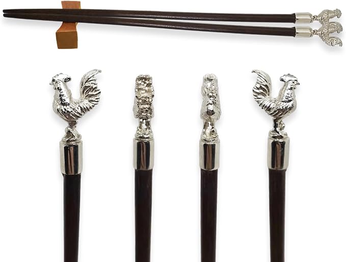 Wooden Chopsticks 9⅞" Long Coconut Palm Wood Chopstick Metal Chicken Top Eating Utensils Oriental Cutlery Asian Tableware Decorative Dinnerware to Serve Chinese Japanese Korean Food