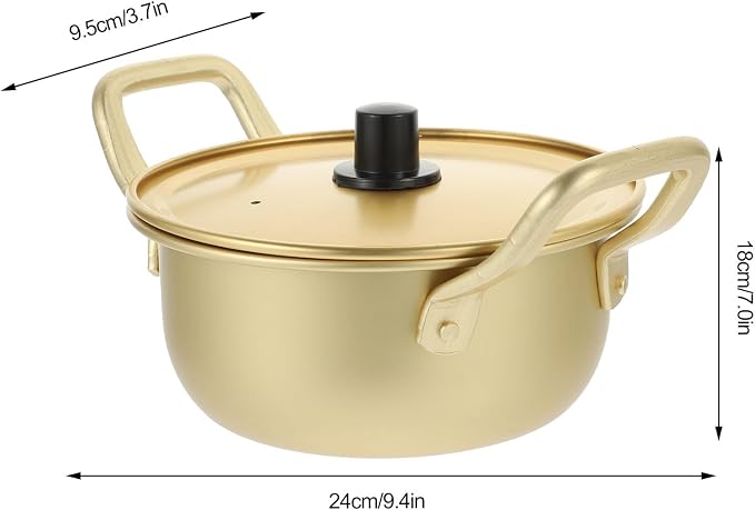 Korean Ramen Pot with Lid 16cm Yellow Aluminum Small Soup Pot Double Handle for Instant Noodles and Kitchen Use
