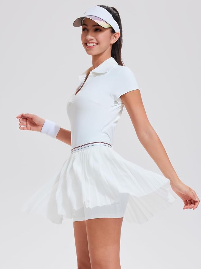 Mudere 2 Piece Golf Outfits for Women Tennis Skirt Set Built-in Shorts | Deep V-Neck Lapel, Silky Breathable High Stretch Fabric, Side Pockets, Activewear, Athletic Wear