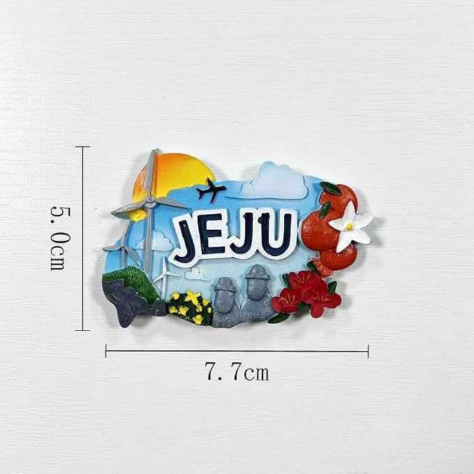 Jeju Island Korea 3D Resin Fridge Magnet, Decorative Souvenir with Windmill, Flowers, and Stone Statues, 7.7 x 5.0 cm