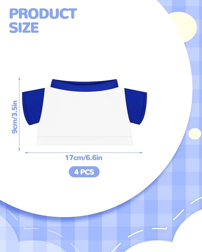 4 PCS Stuffed Bear Basic T Shirt Clothes for 10-12Inch, T Shirt Classic Crew Neck Bear, Cute Tiny Clothes DIY Bear Toy (10-12 Inch,White+Bule)