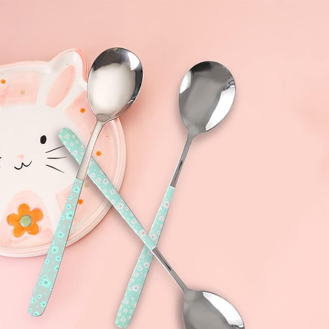 Stainless Steel Soup Spoon,Korean Dessert Spoon,Green Daisy Mixed Color Spoon for Home, Kitchen or Restaurant, Set of 4 Green Daisy Colour Soup Spoons, 8 Inches.