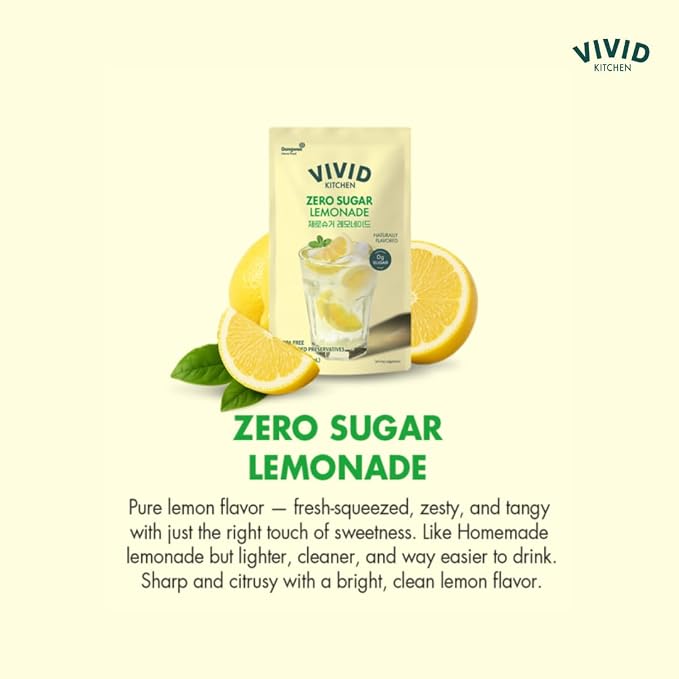 VIVID KITCHEN Lemonade Pouch Drinks – Zero Sugar, Zero Calories | Korean Convenience Store Drink | No Artificial Preservatives or Corn Syrup | 6.4 fl oz (10 Pouches) (10 Pouch, Lemonade)