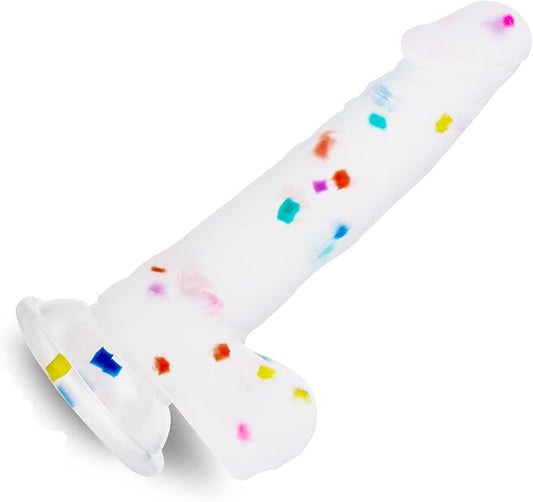 7.3 Inch Confetti Clear Silicone Dildo with Flared Suction Cup Base for Hands-Free Play, Flexible Dildo with Curved Shaft and Balls for Vaginal G-Spot and Anal Prostate
