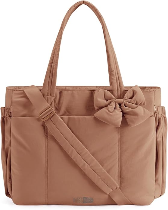 BAGSMART Crush Bow Tote Bag for Women, Puffer Travel Work Yoga Laptop Bag | Large Bow Tote Fits 40oz Tumbler, 15.6" Laptop, Yoga Mat Sleeve, Waterproof Pocket, Travel Work Swim Gym Mom Shoulder Handbag