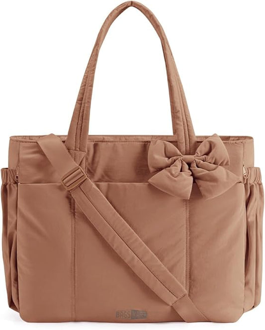 BAGSMART Crush Bow Tote Bag for Women, Puffer Travel Work Yoga Laptop Bag | Large Bow Tote Fits 40oz Tumbler, 15.6" Laptop, Yoga Mat Sleeve, Waterproof Pocket, Travel Work Swim Gym Mom Shoulder Handbag