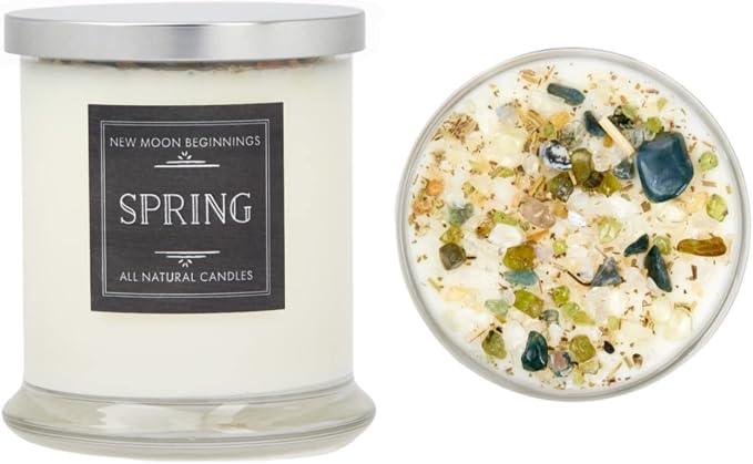 Spring Candle by New Moon Beginnings - Rosemary & Citrus Candle - Soy Candle - All Natural Aromatherapy Essential Oil Candle - Herb & Crystal Candle - Energy Cleansing Candle - 12 oz Glass Jar