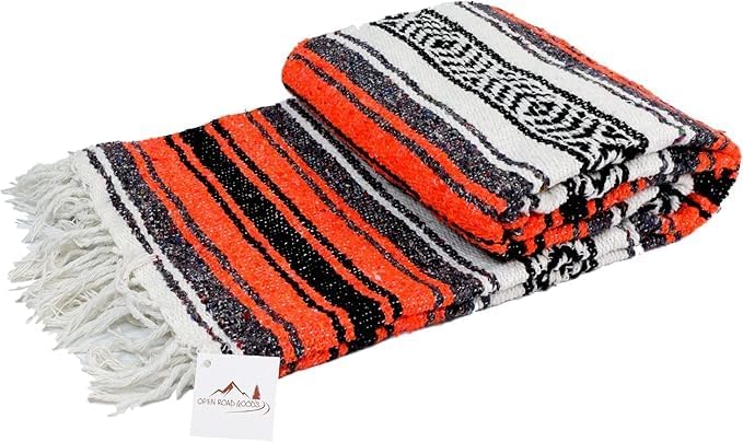 Open Road Goods Bulk Falsa Blankets - Handwoven Authentic Mexican Falsa - Great for Weddings, Yoga, Beach, Picnics, or Mexican Throw! (Orange/Black, 7 Pack)