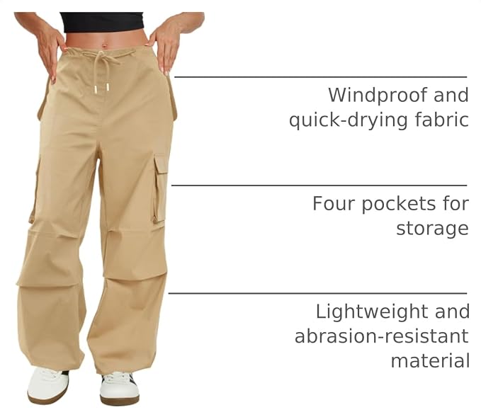 COPYLEAF Cargo Pants Women Low Waisted Parachute Pants with Pockets Loose Baggy Hiking Pants Y2K Clothes