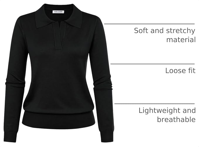 Women's Long Sleeve Classic V Neck Casual Fall Winter Polo Sweater Tops | Basic Collared Knitted Fashion Work Business Formal Daily Wear Versatile Pullover Shirts