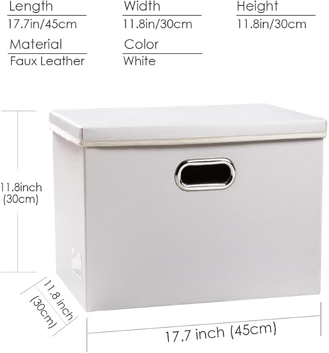 Large Collapsible Storage Box with Lid [1-Pack] Leather Fabric Foldable Storage Bin Organizer Container Basket Cube with Cover for Home Bedroom Closet Office Nursery White (17.7x11.8x11.8)
